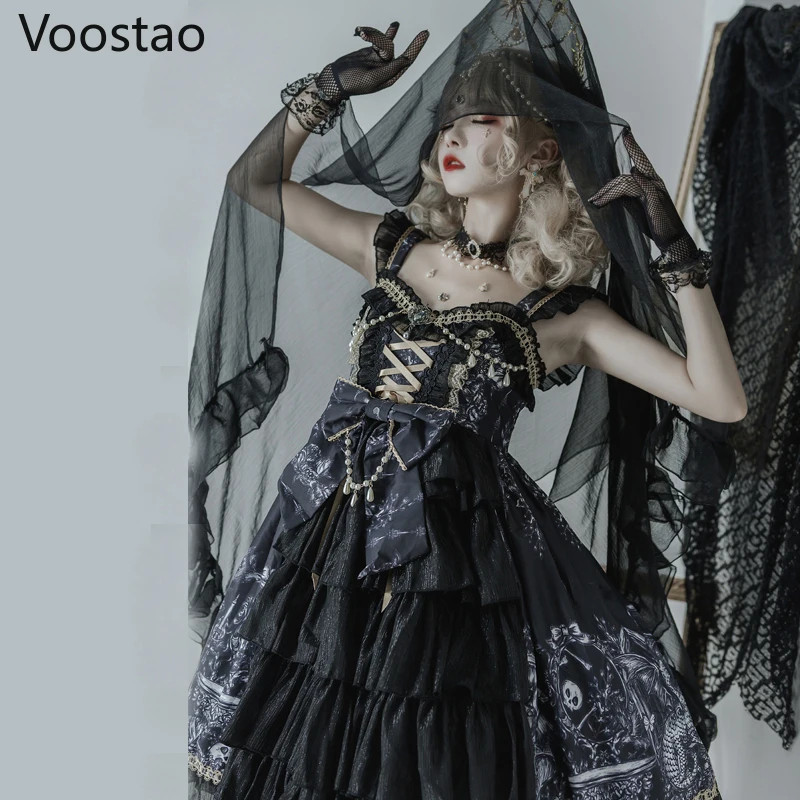 Japanese Lolita JSK Dress Dragon Witch Gothic Jsk Dress Dark Punk Vintage Victorian Princess Party D