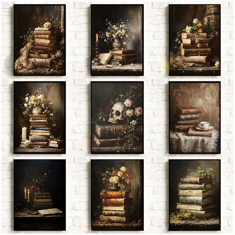 

Retro Abstract Dark College Books Skull Flowers Candles Poster Canvas Art Painting Printing Home Room Wall Pictures Decor Gift