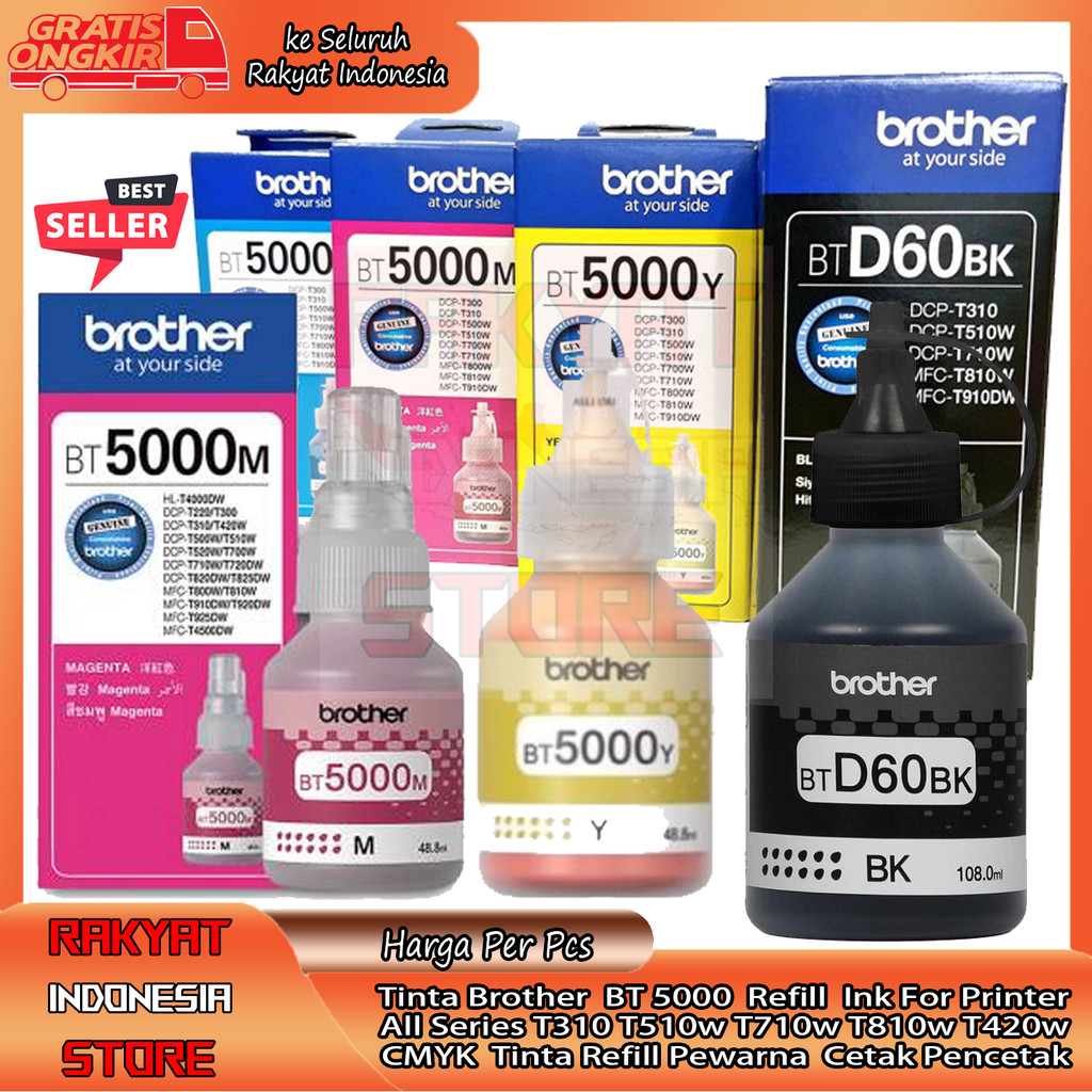 Brother BTD60BK BT5000 Tinta Refill Botol Infus Depan Magenta Cyan Biru Yellow Black Set Warna Print
