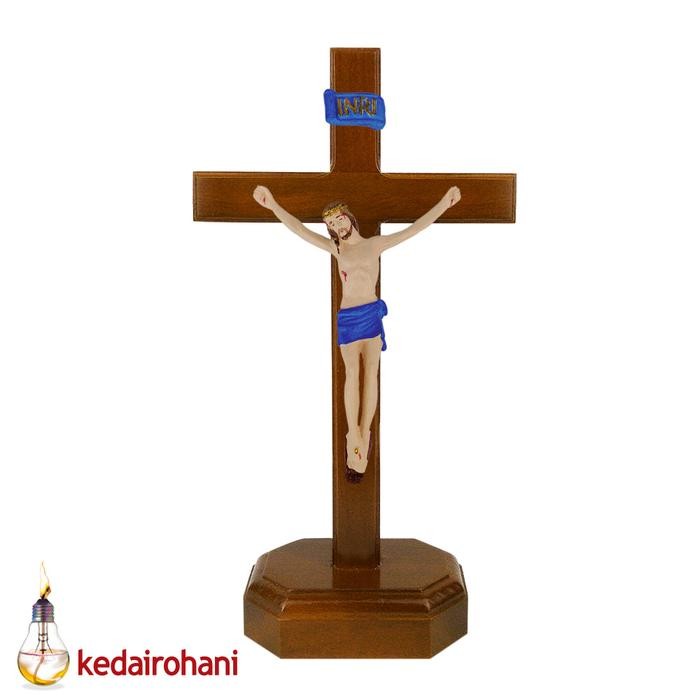 Salib Duduk Kayu Jati Natural Patung Corpus Tubuh Yesus Inri 23 cm