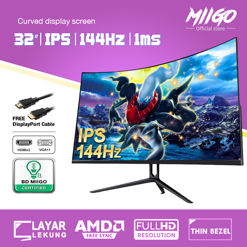 MIIGO - Monitor 32 inci, monitor definisi tinggi, monitor gaming, refresh rate tinggi 144HZ, tanpa b