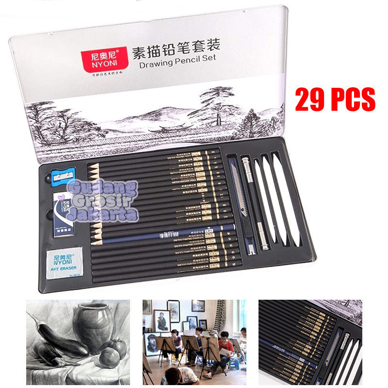 

ATH Nyoni Drawing Pencil Gambar Set 29pcs Metal Tin Box Pensil Gambar Lukis Sketsa Lengkap Paket