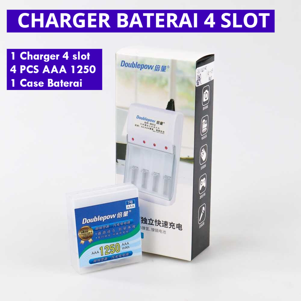 DOUBLEPOW Charger Baterai  4 Slot AA/AAA  + 4PCS Baterai AAA 1250mAh - COD