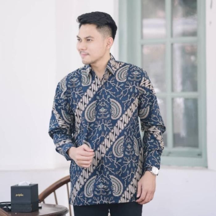Baju Kemeja Batik Lengan Panjang Pria Executive Style Indonesia - Biru, XXL