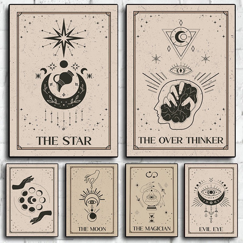 

Minimalist Boho Tarots Poster The Sun The Moon The Evil Eye Tarot Card Unique Artwork Spiritual Divination Canvas Painting Decor