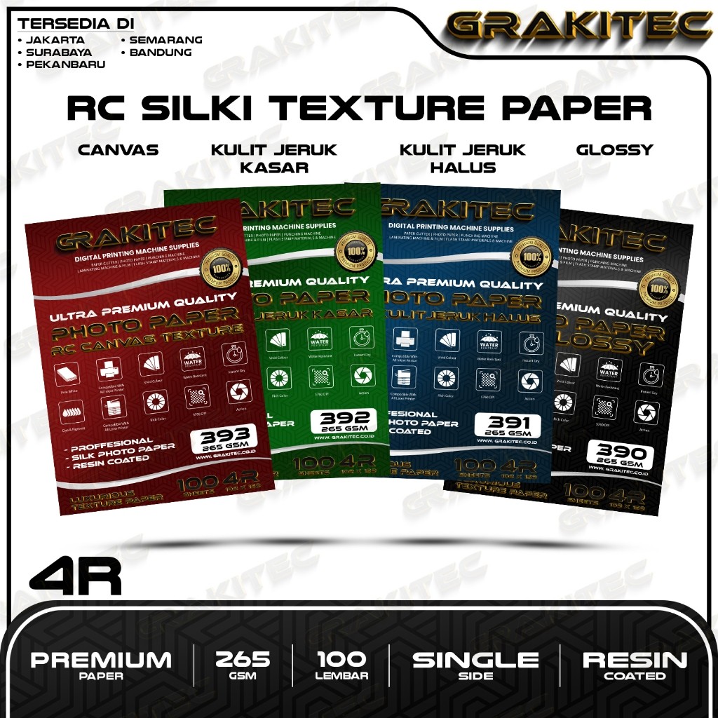 

Grakitec Kertas Foto SilkI 4R isi 100 Lembar Doff Kulit Jeruk Professional Silki Texture , RC Glossy Photo Paper, Doff Halus, Canvas, Doff Kasar / Luster Resin Coated