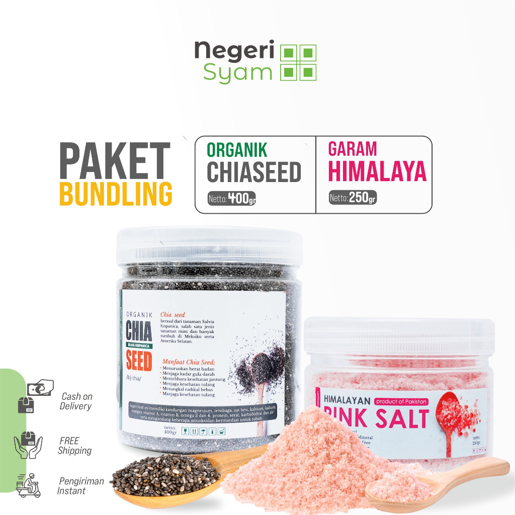 

Paket Bundling Lebih Hemat Superfood Chia Seed 400gr Dan Garam Himalaya 250gr Negeri Syam