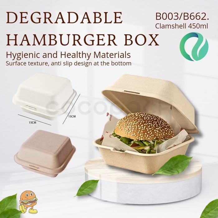 

Bagasse Clamshell 6 inch Burger Box 450ml Natural BROWN Food Container
