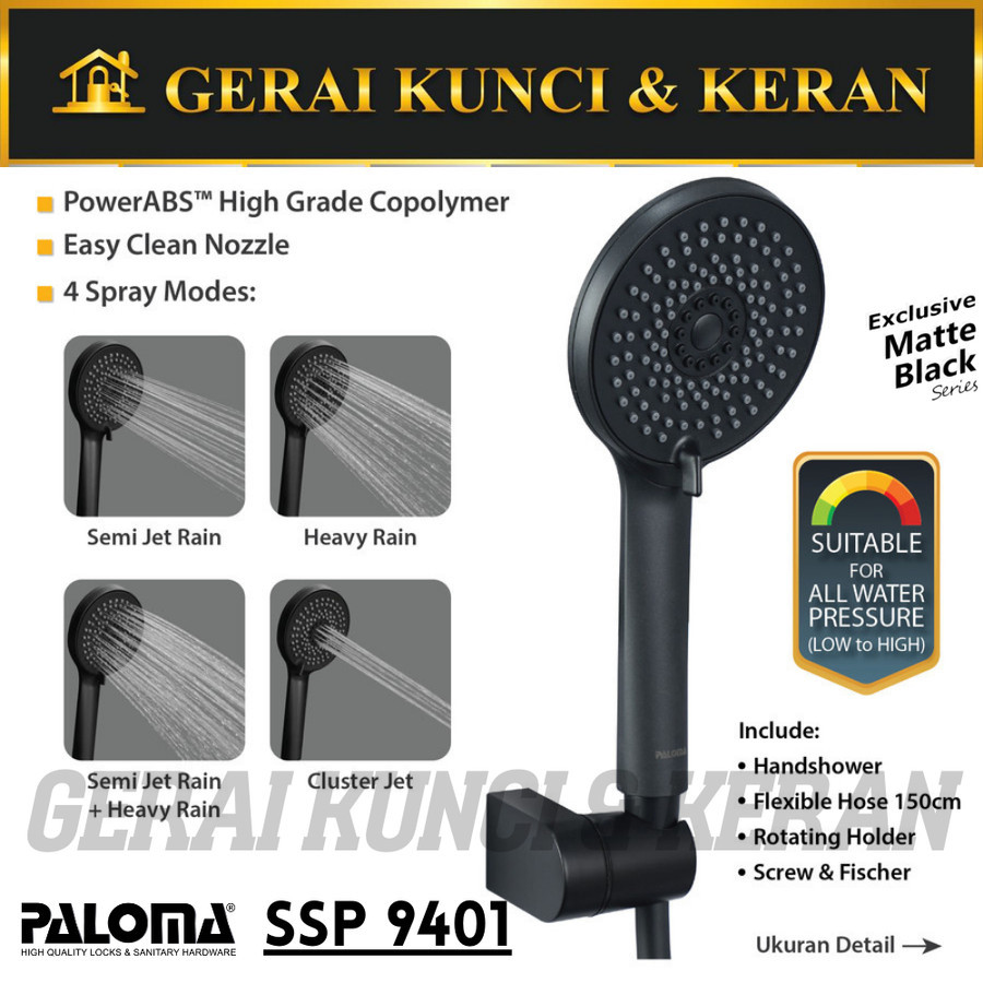 PALOMA SSP 9401 Shower Set Hand Handshower Selang Slang Holder BLACK