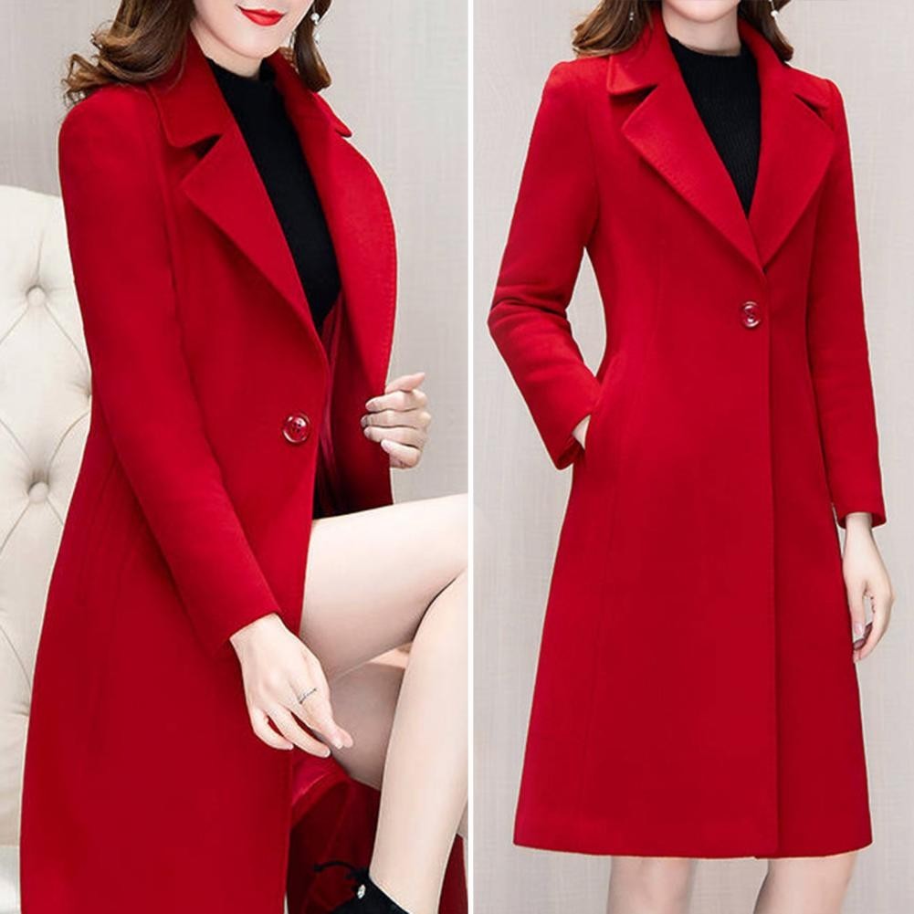 Jas Panjang Wanita Korea Blazer Long Coat Wanita Musim Dingin Warna Merah Bahan Catun Fleece Ukuran 