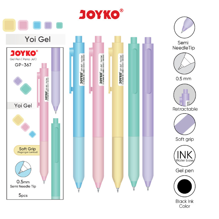 

GEL PEN JOYKO GP-367 YOI GEL BOX ISI 5 PCS 0.5 mm SOFT GRIP BOLPEN PULPEN GELPEN SEMI NEEDLE TIP GROSIR MURAH BLACK HITAM GP 367 ATK ALAT TULIS SEKOLAH KANTOR GP367