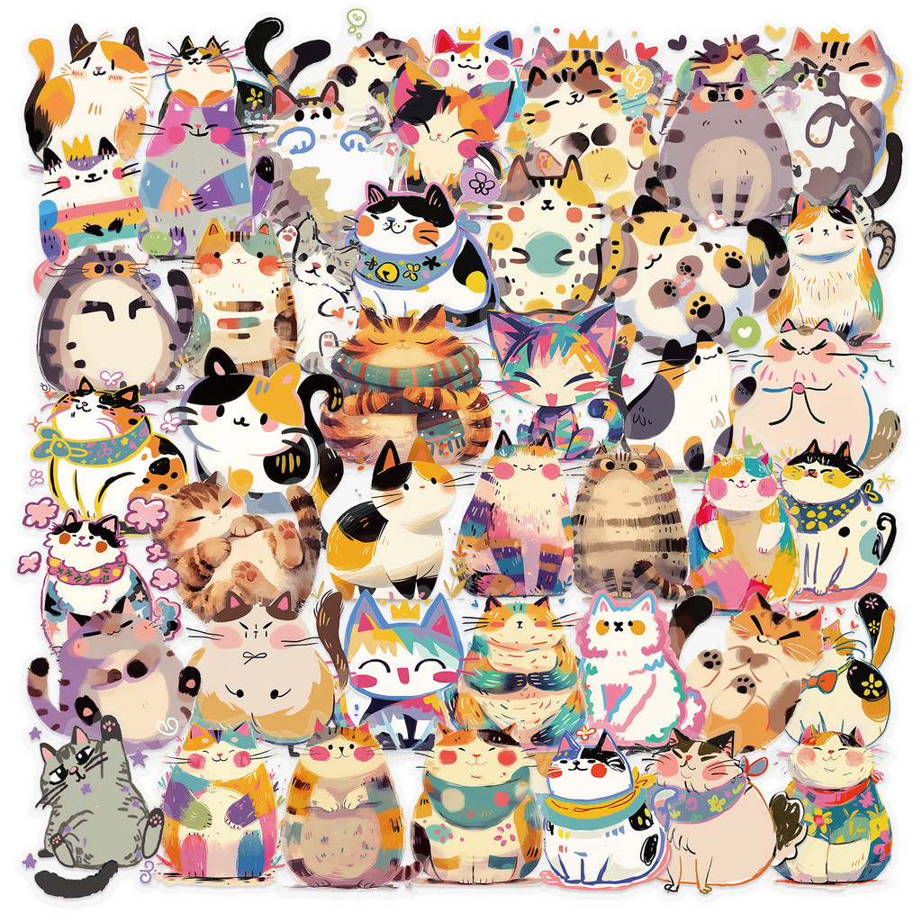 

50pcs Variety Colorful Cat Stickers Cartoon Animal Luggage Laptop Scrapbook Diary Skateboard Guitar Helmet DIY Decor Stickers