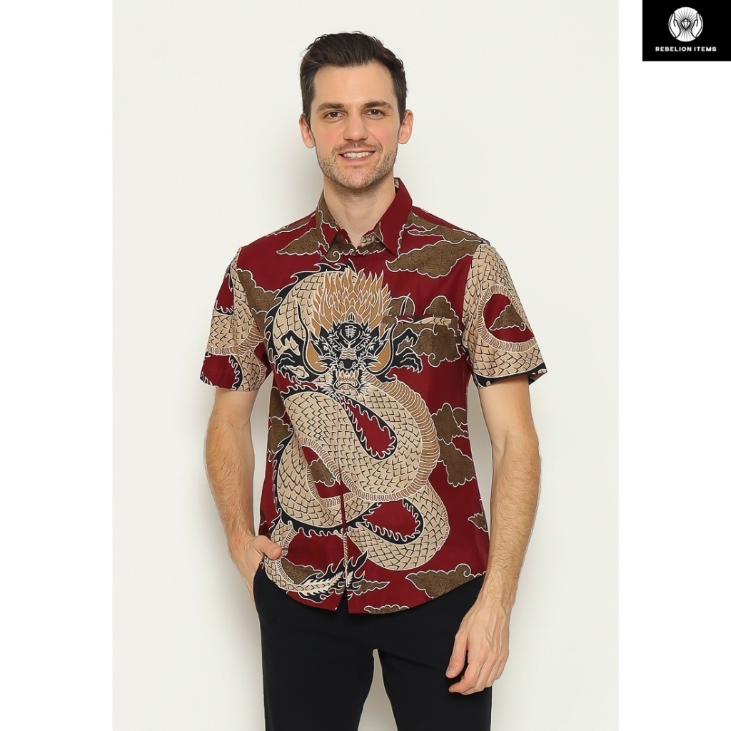 Waskito - Kemeja Batik Pria Lengan Pendek Katun Premium Slimfit Motif Naga HB PR 46388 Maroon (Merah