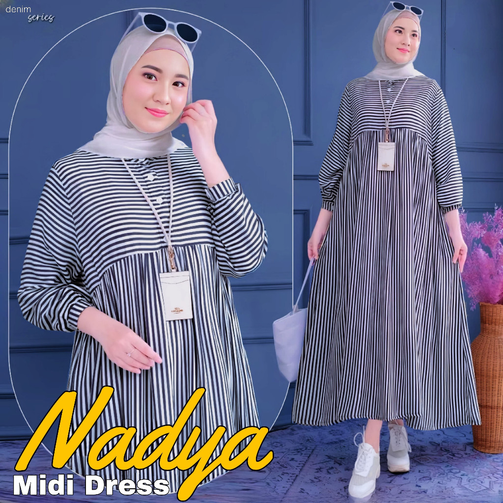 Katun Viscose Salur Nadya Dress | Fashion Muslim Kekinian | Elegant Midi Dress Motif Salur Terbaruu