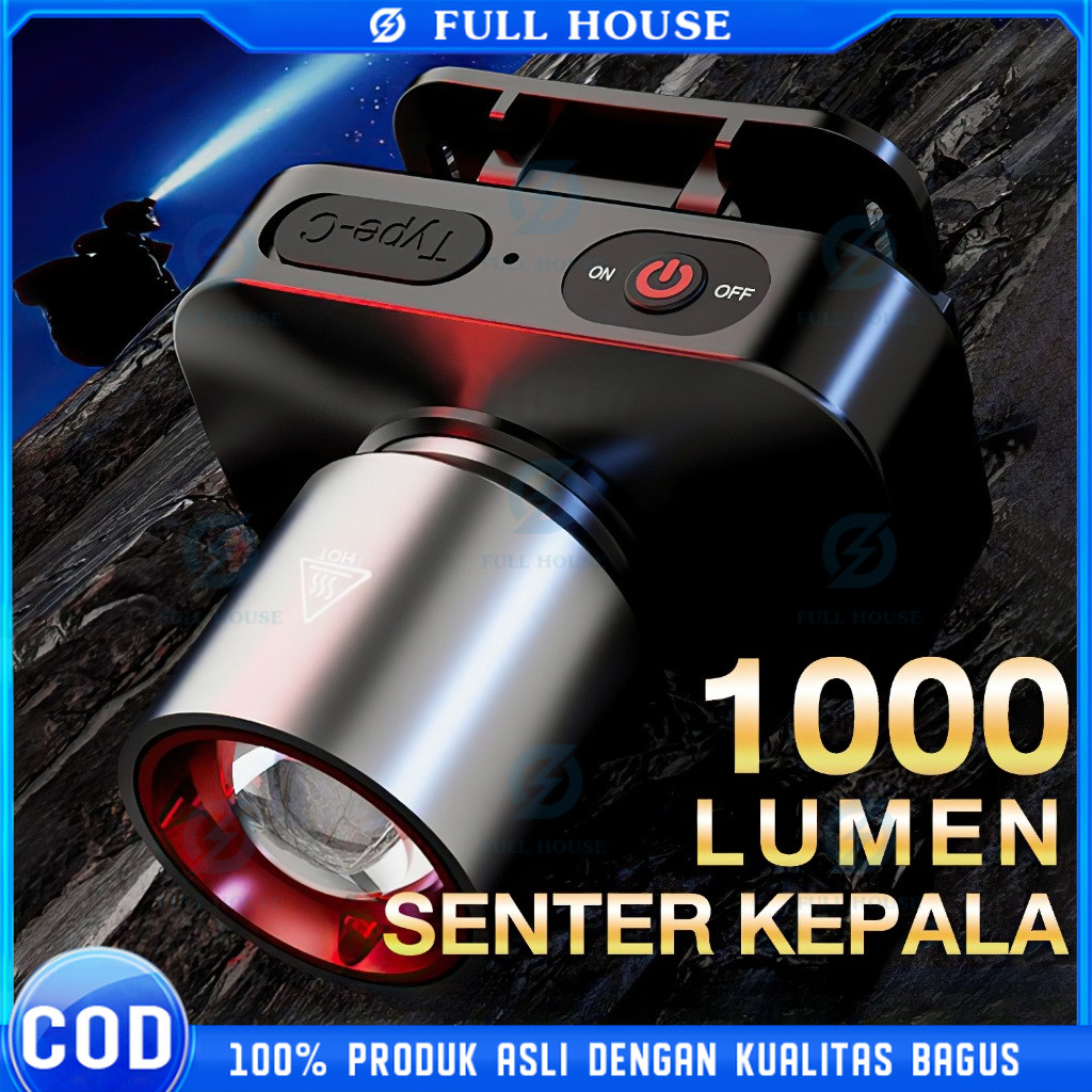 Garansi 10 tahun Full House Senter Kepala Cahaya Maksimal Plus RechargePro dengan USB Fokus & Penyeb