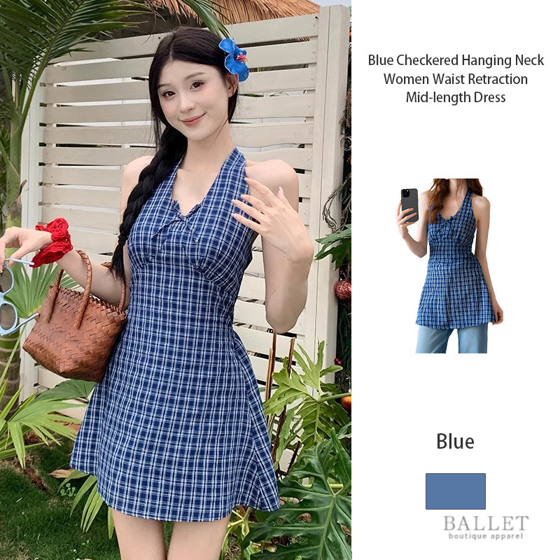 Korea Mini Dress Biru Kotak-Kotak Gaun Wanita Retro BB