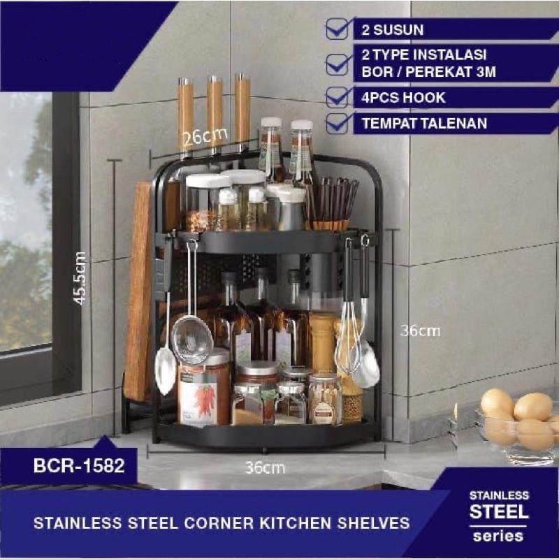 RAK DAPUR BUMBU SUDUT SERBAGUNA 2 DAN 3 SUSUN HITAM STAINLESS