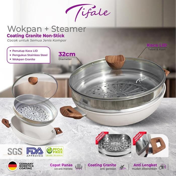 Tifale [2IN1] WHITE Wokpan Diameter 32cm + Glass Lid + Granite Steamer Non Stick / Alat Masak Wok de
