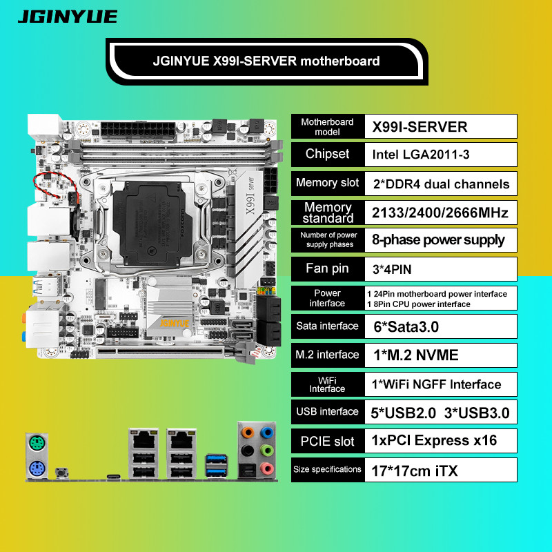 JGINYUE X99 itx motherboard LGA 2011-3 supports Xeon E5 V3 V4 CPU processor DDR4 ECC RAM 2.5G networ