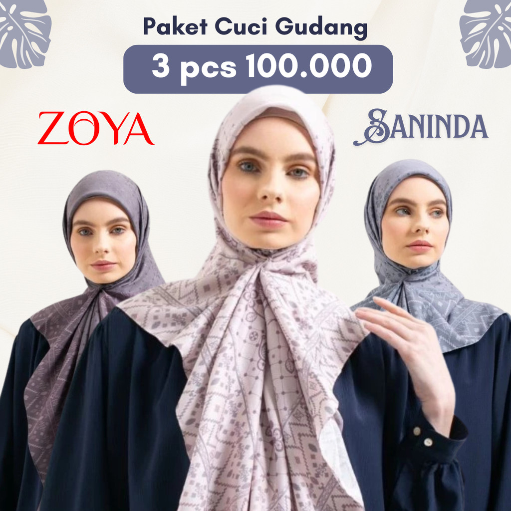 CUCI GUDANG SANINDA Scarf Zoya -  Kerudung Hijab Segi Empat Scarves Motif Voal Printing Promo Diskon