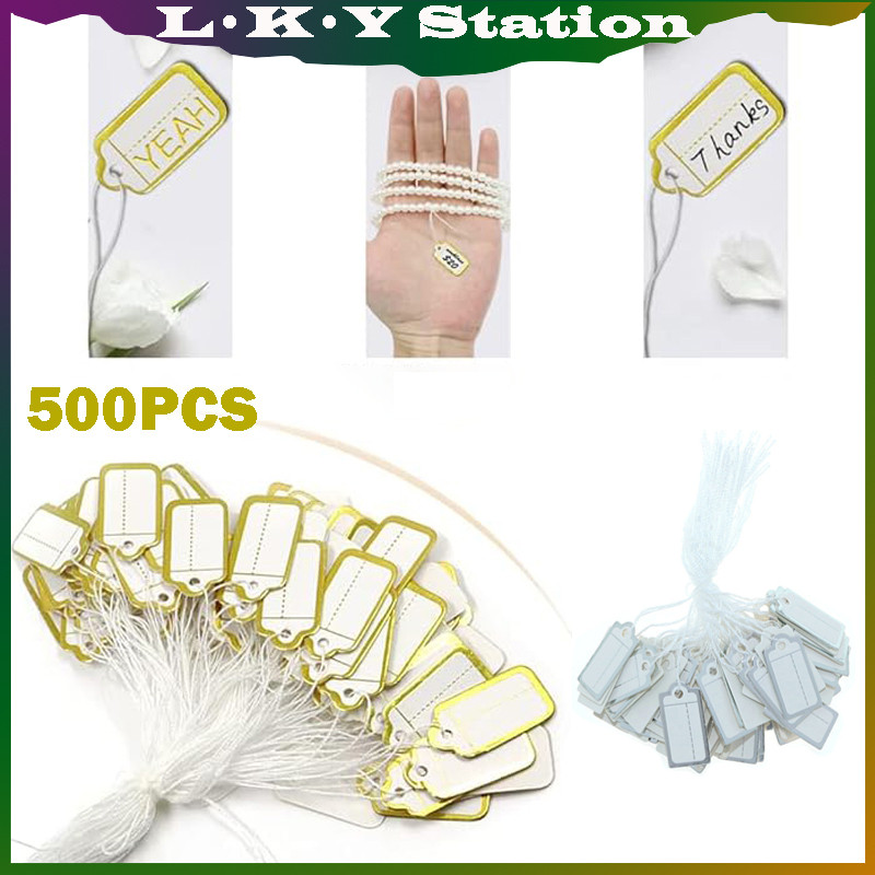 

Isi 500pcs Tag With Hanging String Label Harga Perhiasan Putih List Gold/Silver
