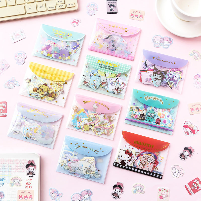 

NEW Sanrio Stickers 40PCS/pack Melody Culomi Cinnamoroll Pom Pom Cute Cartoon Paper Decoration PVC Sticker Storage Bag