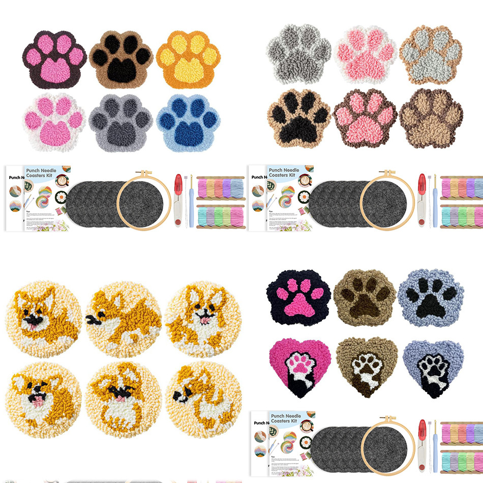 

6pcs/set DIY Punch Needle Embroidery Coaster Set Claw Pet Pattern omplete Punch Needle Stitching Embroidery Art Coasters Kit