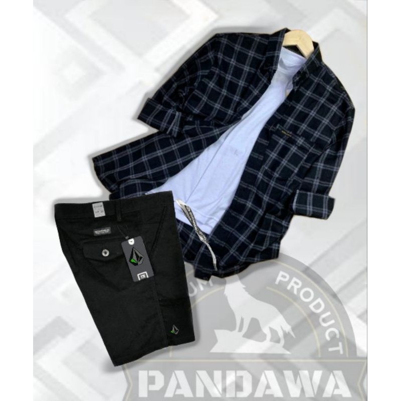 Ready NR One Set Stelan Pria Terbaru Kotak Kotak Kemeja Flanel Lengan Panjang Celana Pendek Pria Dew