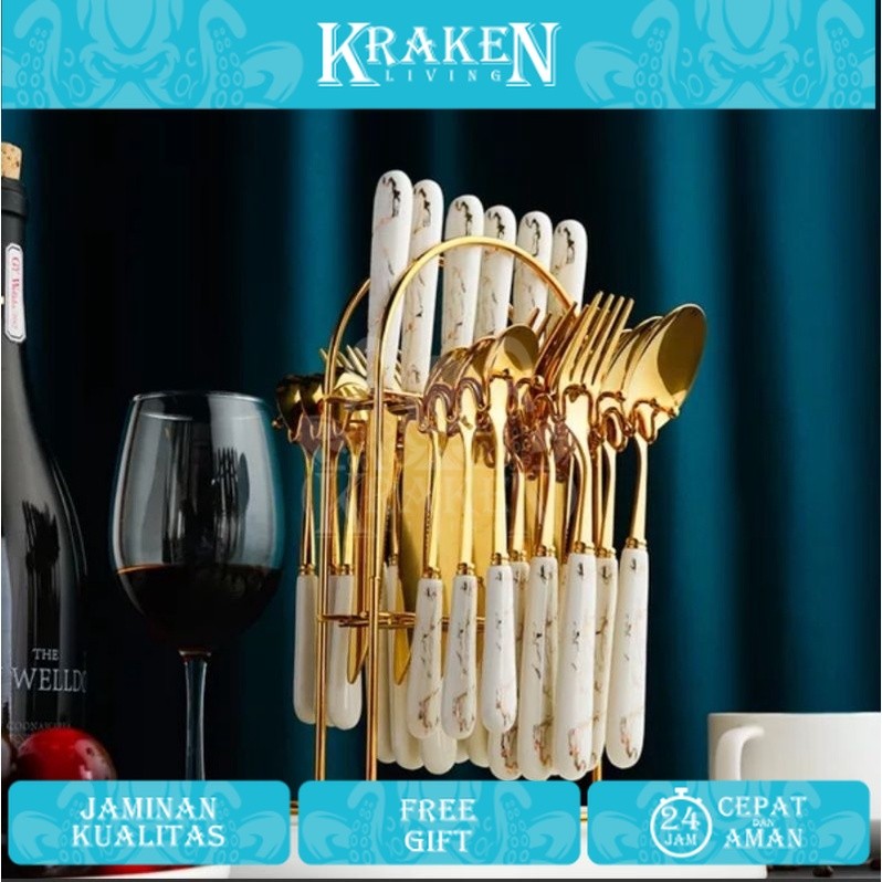 Sendok Set Sultan / Sendok Gold / Egg Spoon Gold / Stainlees Steel / Sendok Gold Set Mewah 【KRAKEN L