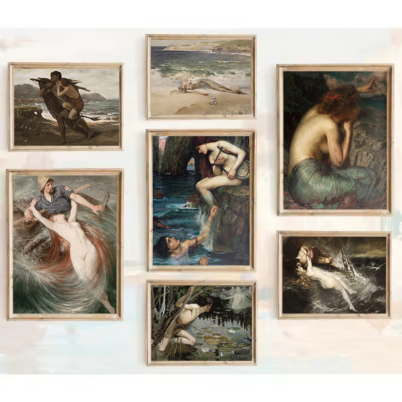 

Vintage Coastal Mermaid Mythology The Siren Classic Artwork Poster Canvas Painting Wall Art Pictures Home Interior Decor
