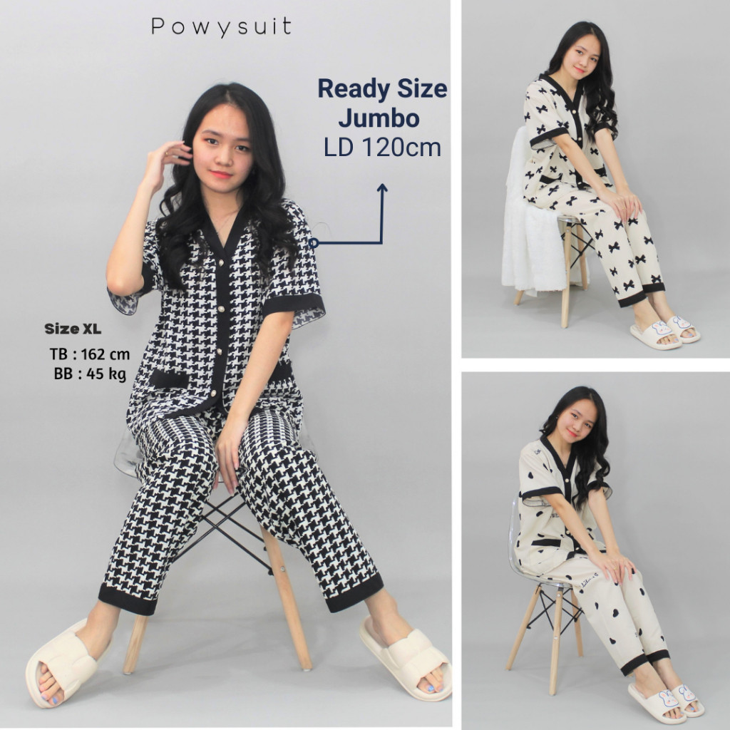 NOFOSHOP ST Vianca Piyama Motif Pita love Powysuit Bahan Satin Lengan Pendek Celana Panjang Baju Tid