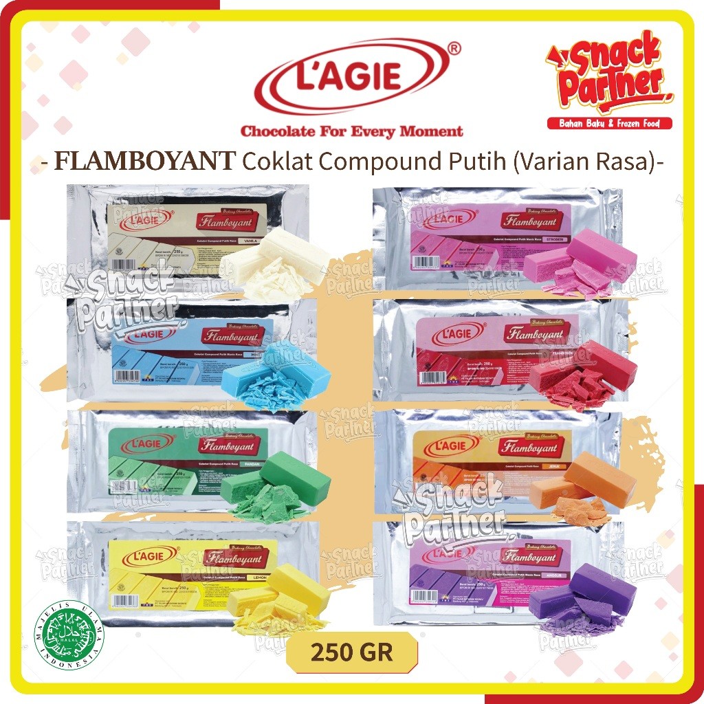 

LAGIE FLAMBOYANT Compound 250 GR - L'AGIE Flamboyan Sweet White Choco Coklat Batang Leleh Putih Manis - Mint Pandan Lemon Strawberi Strobari Flambozen Flambosen Jeruk Orange Vanilla Vanila Anggur Grape Biru Hijau Kuning Pink