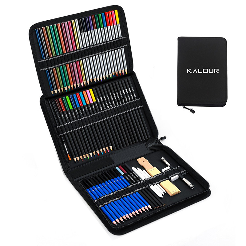 

KALOUR Premium Pencil Art Supply Set in Zippered Travel Case or Tin Box, Pro Sketching Drawing Kit for Coloring Shading Blending