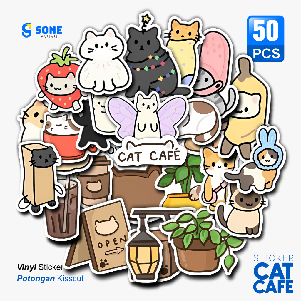 

Sticker Cat Cafe Aesthetic Paper Vinyl Anti Air Aksesoris Laptop Buku Tumbler