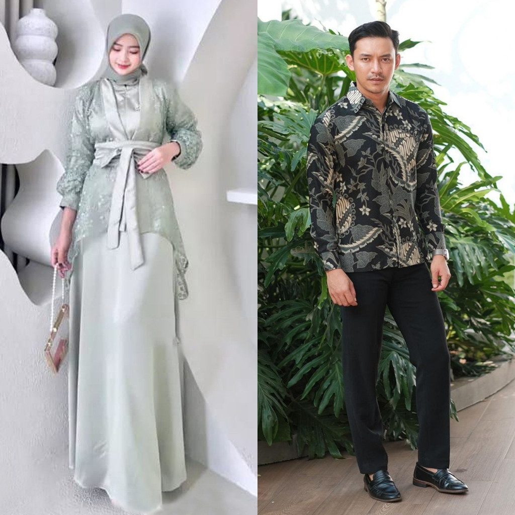 Couple Gamis Outer Brokat Polos Baju Wisuda Lamaran Kekinian Kemeja Batik
