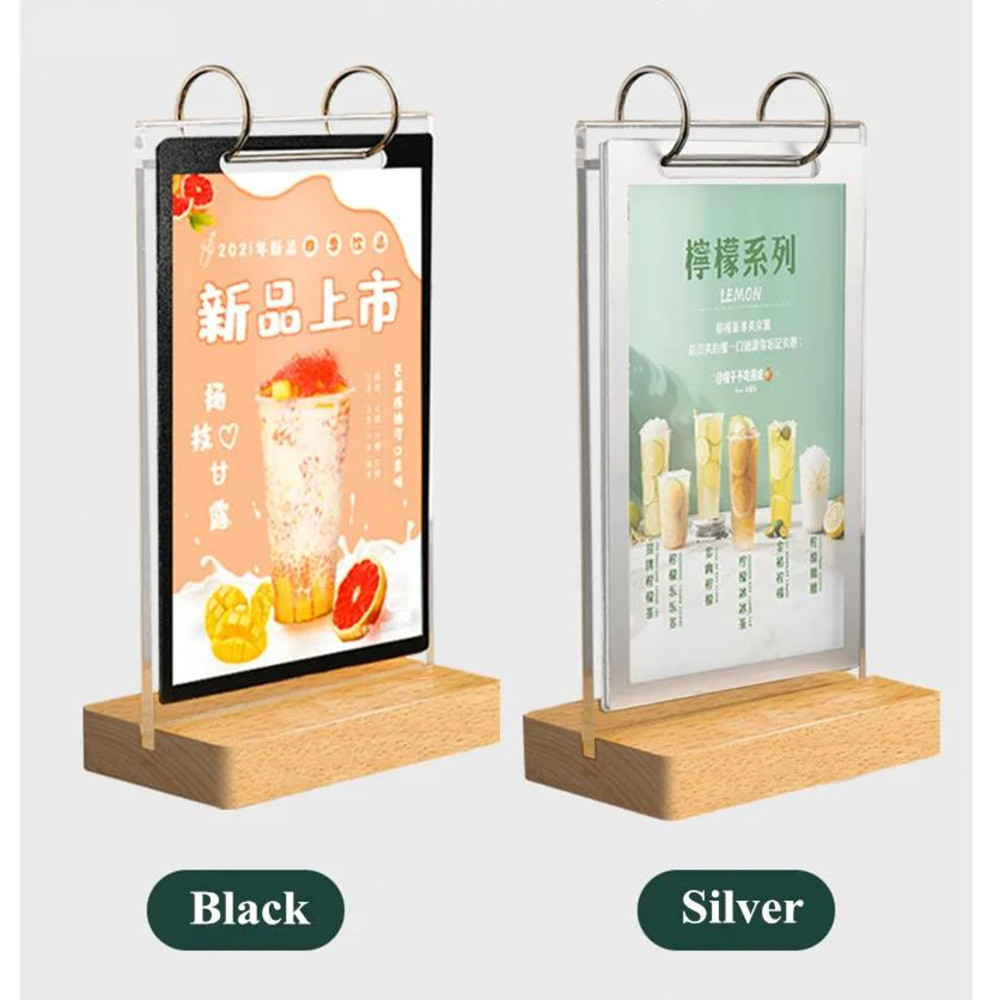 

A4 210x297MM Page Turning Restaurant Menu Paper Holder Stand Picture Photo Poster Frame Wood Acrylic Sign Holder Display Stand