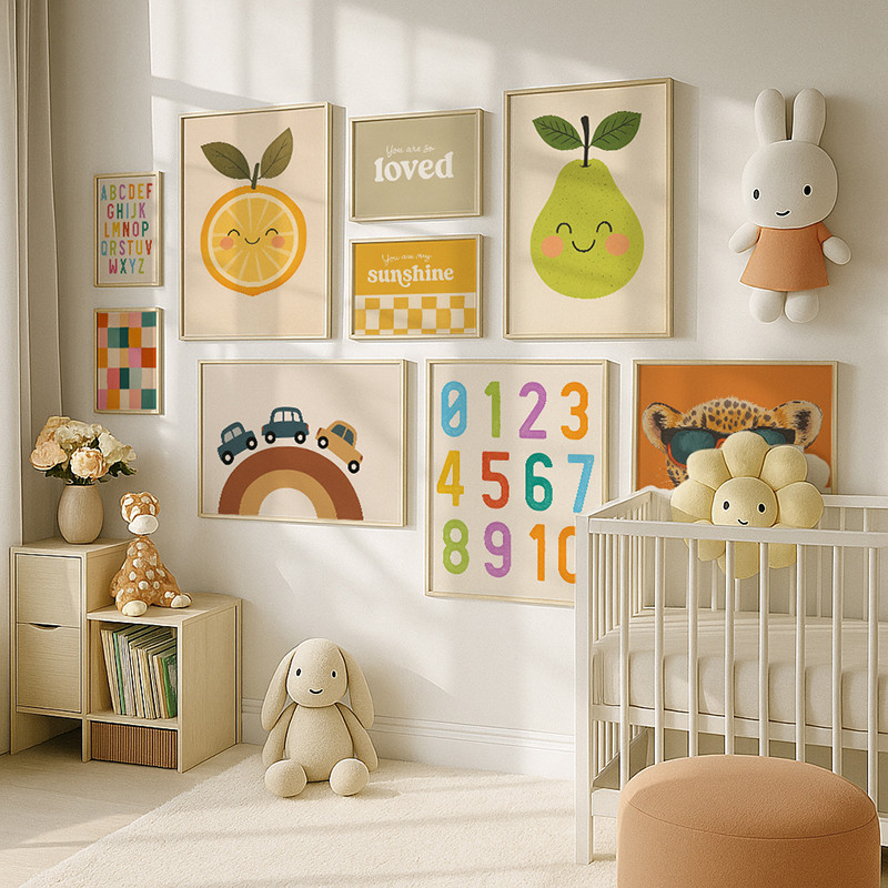 

Nursery Colorful Animal Fruit Number Alphabet Canvas Print Posters Printing Wall Art Picture for Kids Living Room Home Decor
