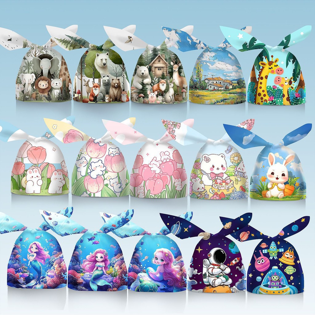 

50PC PLASTIK IKAT TELINGA BUNNY BAG KEMASAN KUE SNACK HAMPERS ACARA PESTA ULANG TAHUN MOTIF DINOSAURUS KELINCI ASTRONOT HEWAN SAFARI ARIEL MERMAID BUNGA TULIP