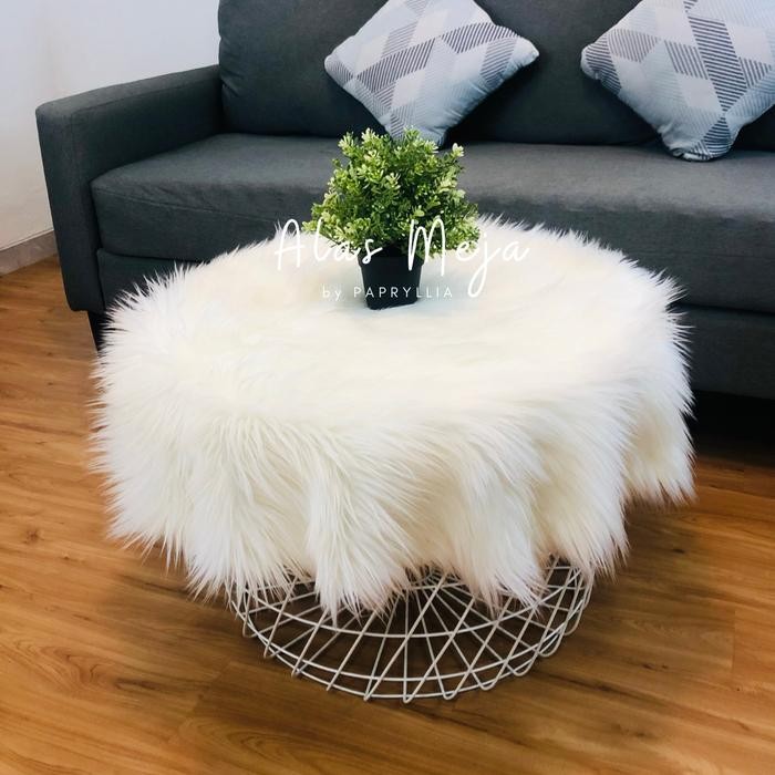 Papryllia - Taplak Meja Bulat Bulu Panjang Taplak Bundar 100cm (Putih)