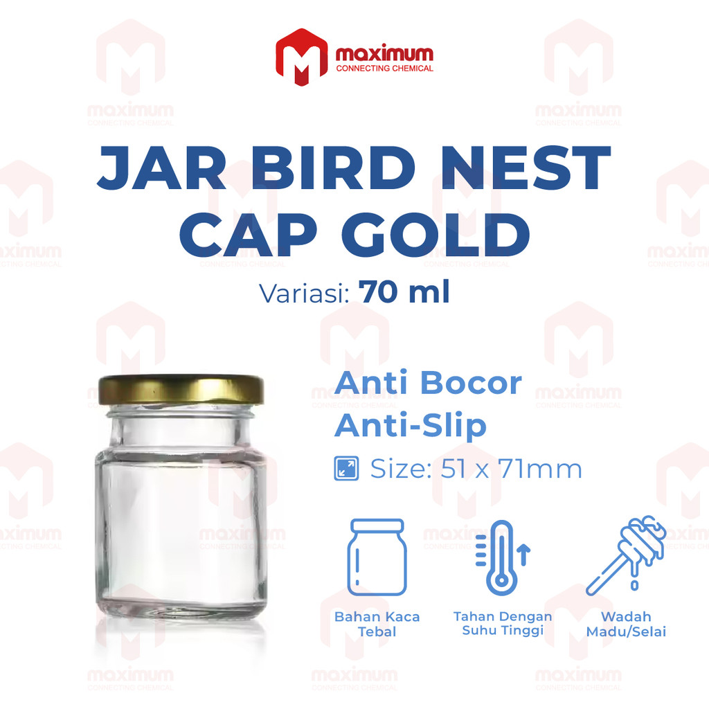 Botol Kaca Jar Bird Nest Glass 70ml Cap Gold / Jar Kaca Bening 70ml / Botol Toples Kaca 70ml Tutup A