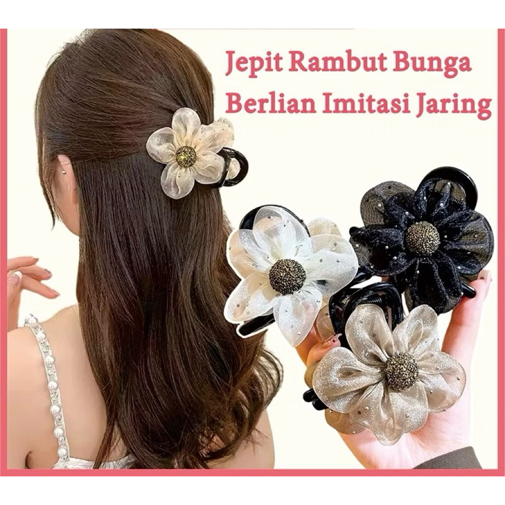 Jepit Rambut Bunga Berlian Imitasi Jaring Aksesori Rambut Gaya Korea Jepit Rambut Wanita Aesthetic
