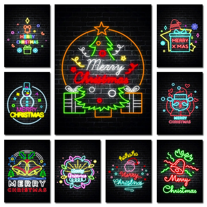 

Merry Christmas Neon Light Poster Abstract Holiday Atmosphere Decoration Canvas Printing Wall Frameless Painting For Home Room