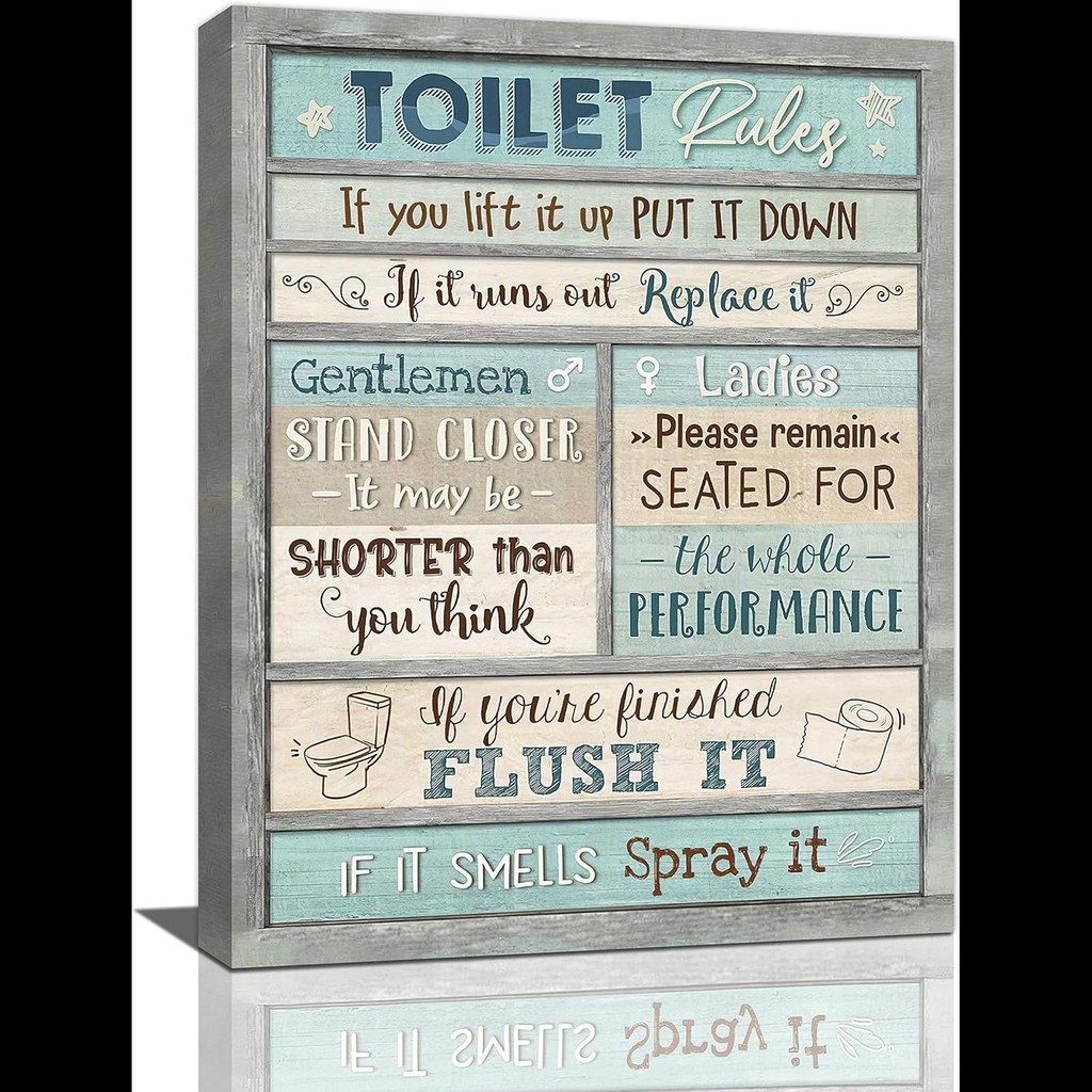 

Teal Bathroom Wall Art Toilet Rules Canvas Decor Framed x Inch Print Painting Home Decoration for Bathroom