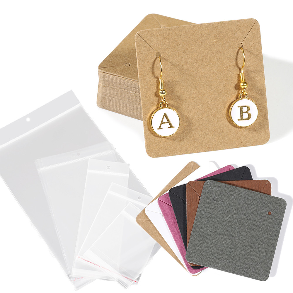 

Earring Cards and 50pcs Bags 5x5cm Card Necklace Earring Display Cards Self-Seal Bags Kraft Paper Card for DIY Jewelry Packaging