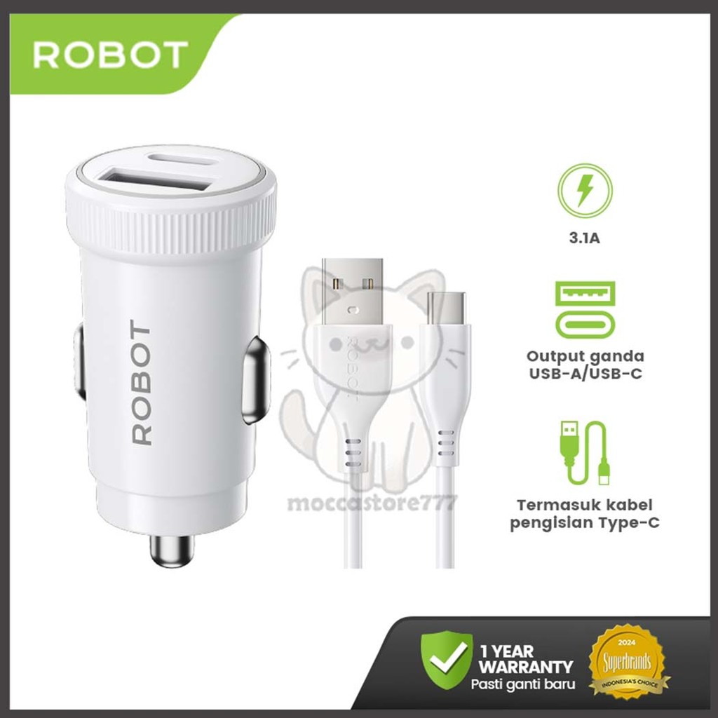 ROBOT RT-C13 Car Charger 3.1A Colokan Charger Mobil Dual Port Type C Charger Cable Adaptor Mobil