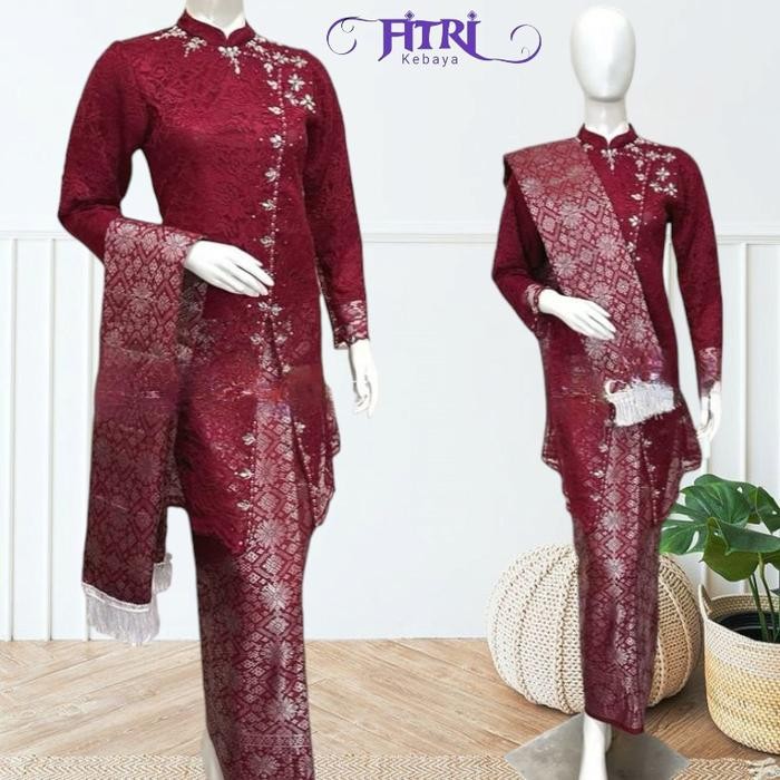 Setelan Kebaya Tunik Brokat Payet Miring Mix Songket Palembang Dengan Selendang Modern Elegan Atasan
