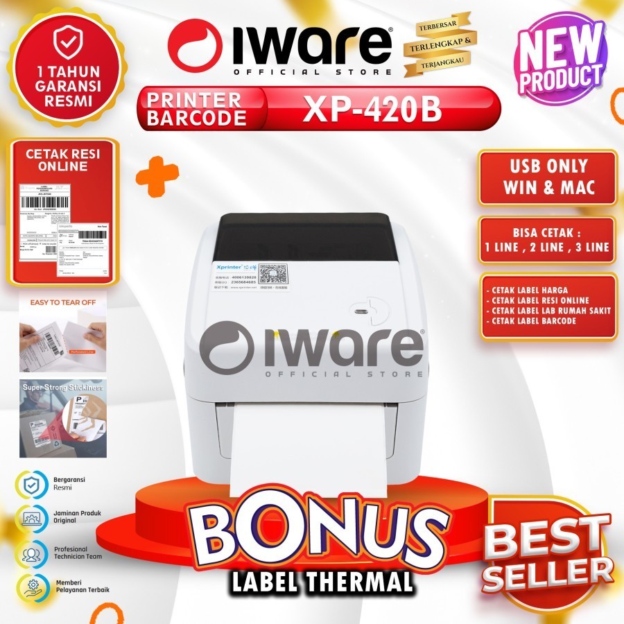 

Iware Printer Barcode Thermal Alamat / Label XP-420B Size 4" / A6 110mm