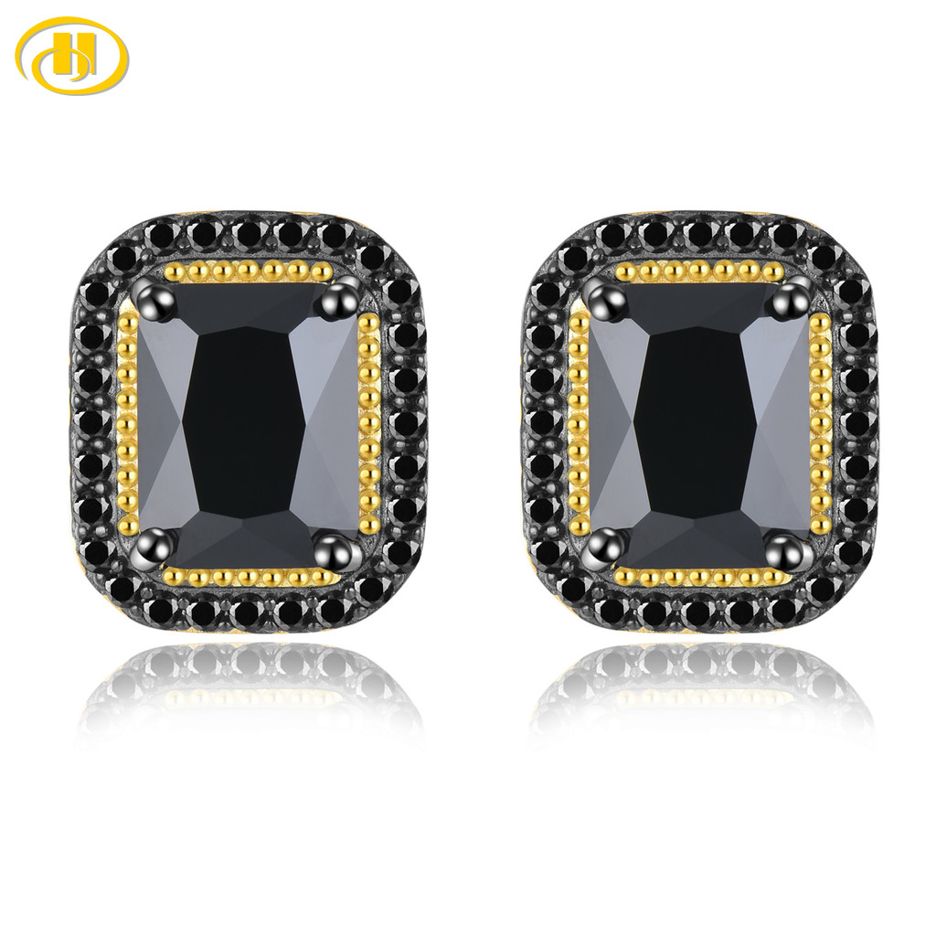 Natural Black Spinel Sterling Silver Yellow Gold Plated Stud Earring 5.8 Carats Genuine Gemstone Cla