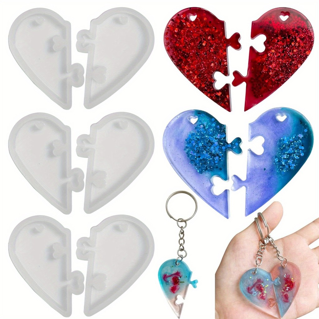

3Pcs Heart Puzzle Key Chain Silicone Mold, Couple Pendant Heart Lover Puzzle Resin Casting Mold With Hole, Diy Jewelry Making