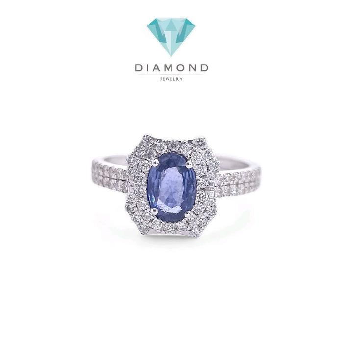 Cincin Blue Sapphire Oval Berlian 18K-Diamond Jewelry-395BC3223SD